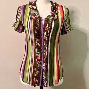 Allison Taylor Vibrant RETRO Ruffle Sheer Button Up Blouse